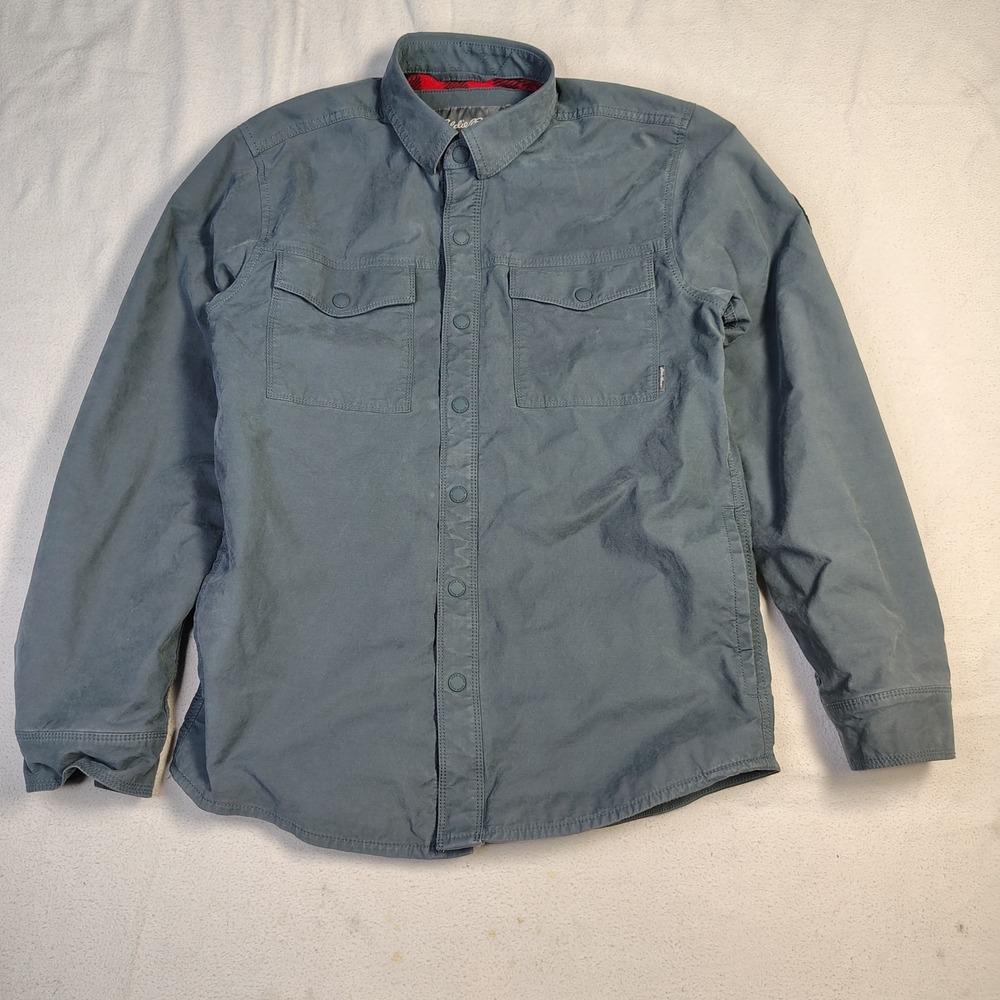Eddie Bauer Mens Jacket Small Grey Cotton Blend Fleece Lined Buffalo Plaid Snap